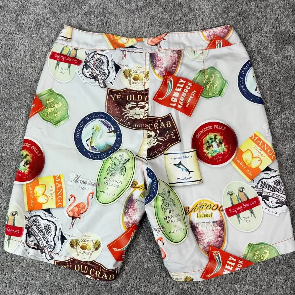 Tommy Bahama Relax Mens All Over Alcohol Print Board Swim Shorts Size 32 Beer